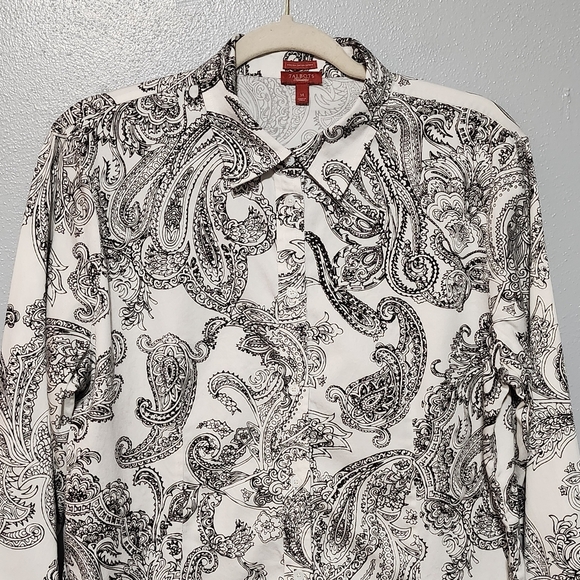 TALBOTS Blouse Womens Size 14 Black White Paisley Stretch Cotton Sateen Career - Picture 3 of 10